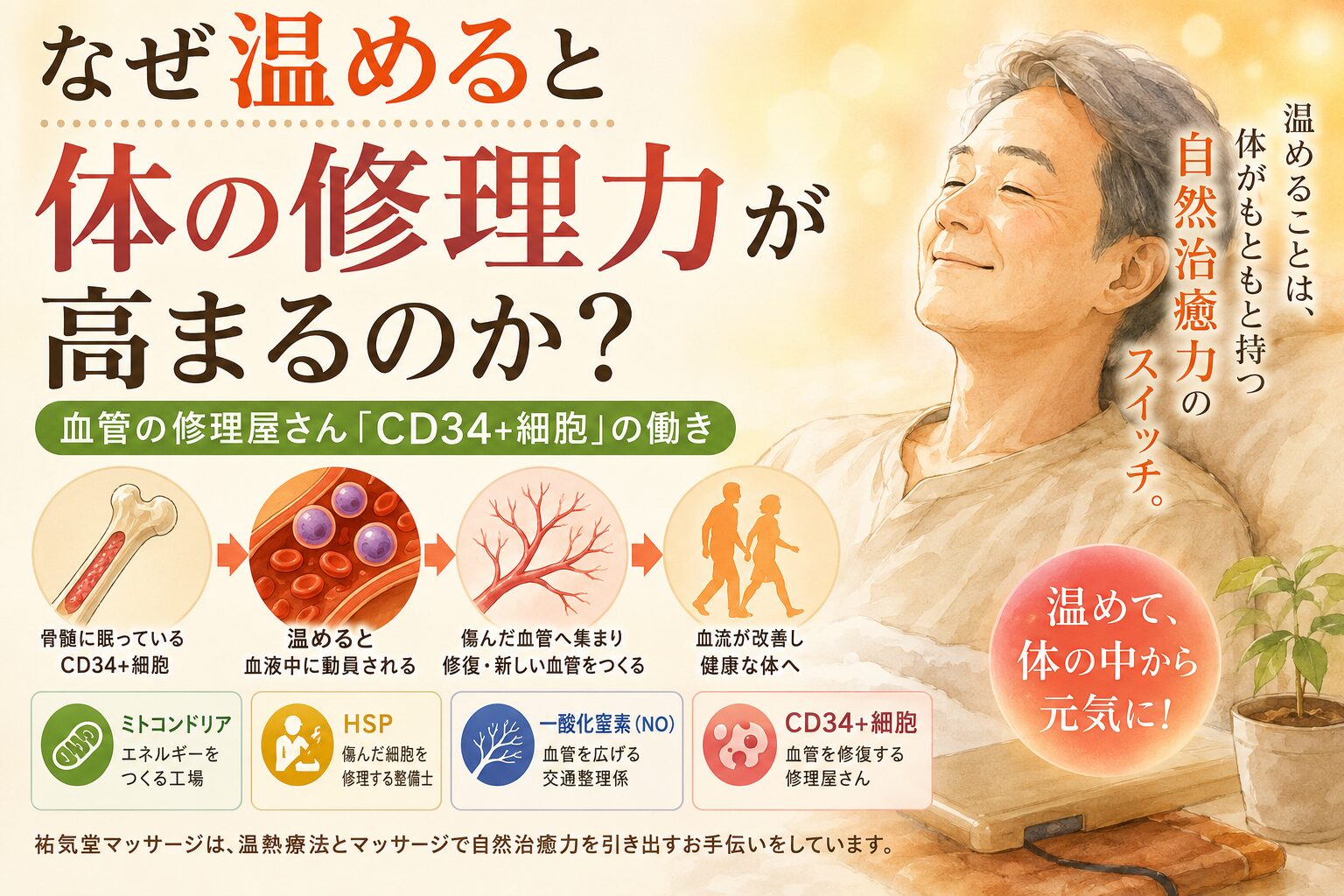 温めると体の修理力が高まる？CD34+細胞と血管再生を解説