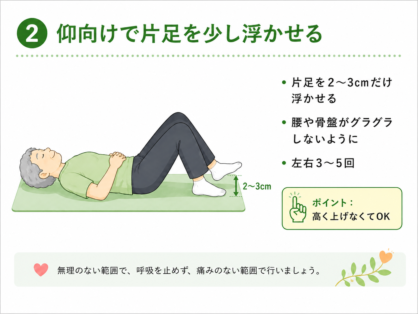 仰向けで片足を少し浮かせるインナーマッスル体操