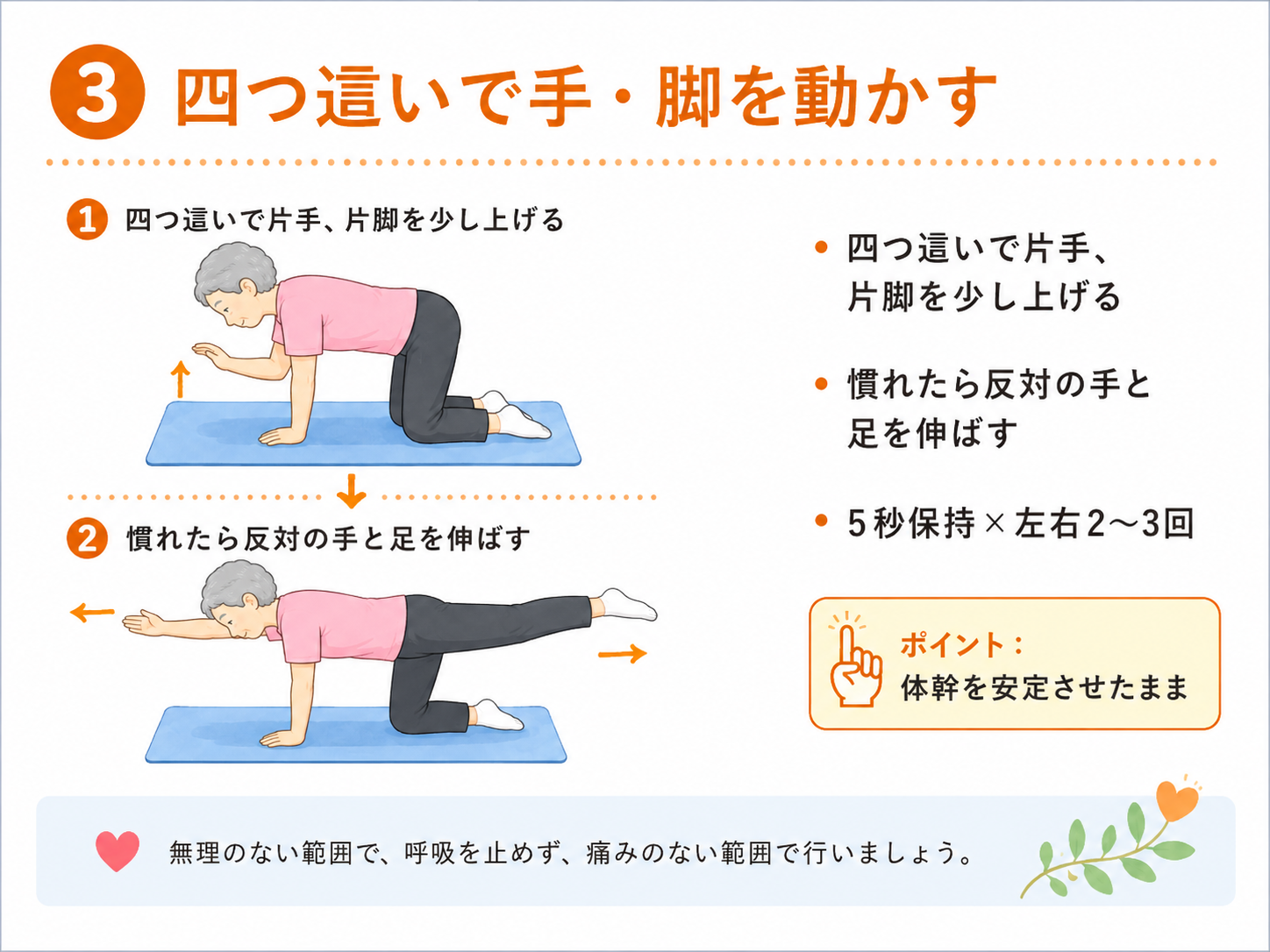 四つ這いで手と脚を動かすインナーマッスル体操