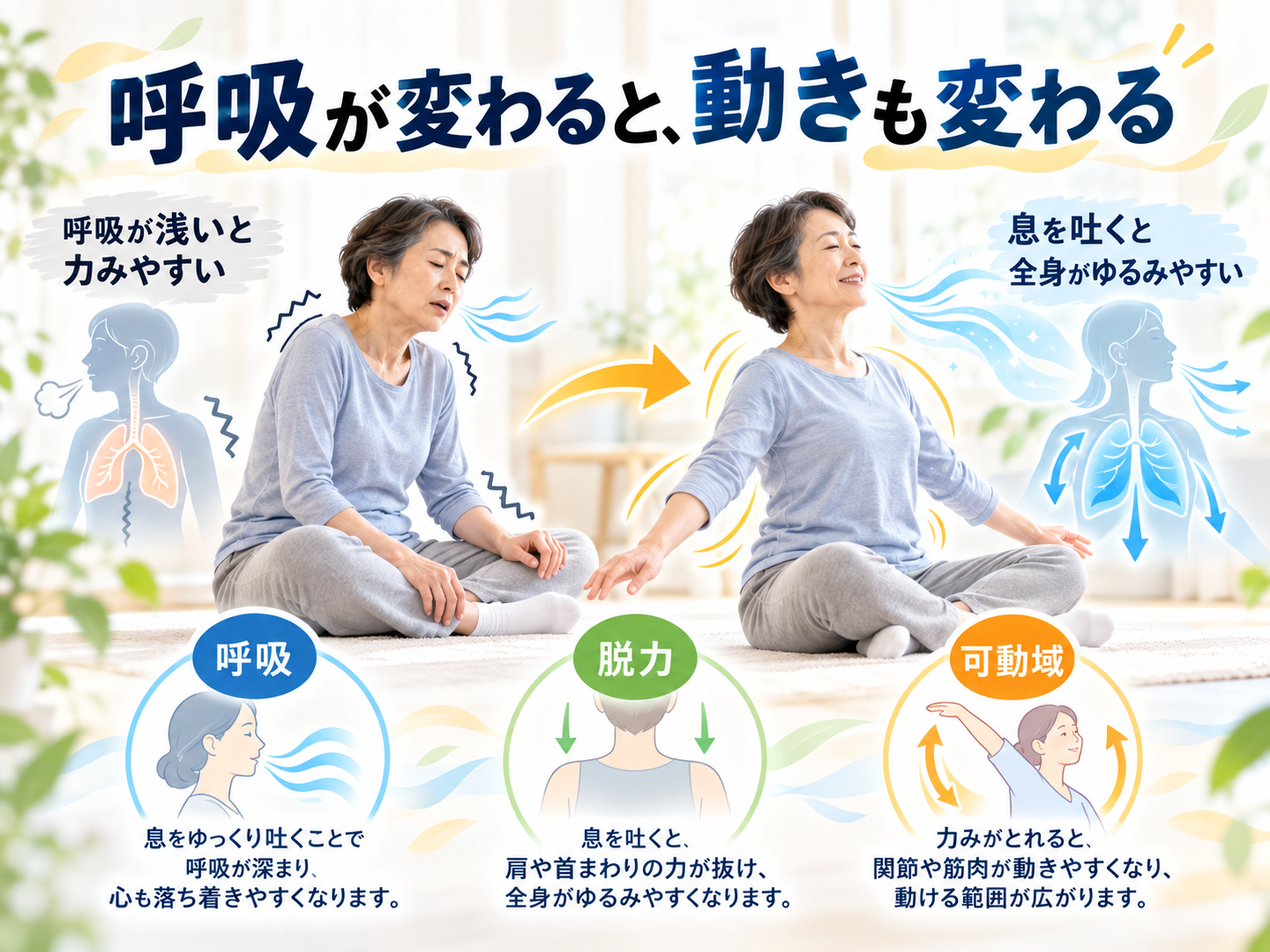 呼吸が浅い状態と、息をゆっくり吐いて身体がゆるんだ状態を比較した図