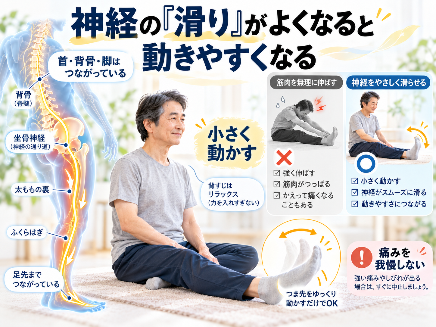 神経の滑りがよくなると身体が動きやすくなる仕組みを、坐骨神経とやさしい神経運動で説明する図