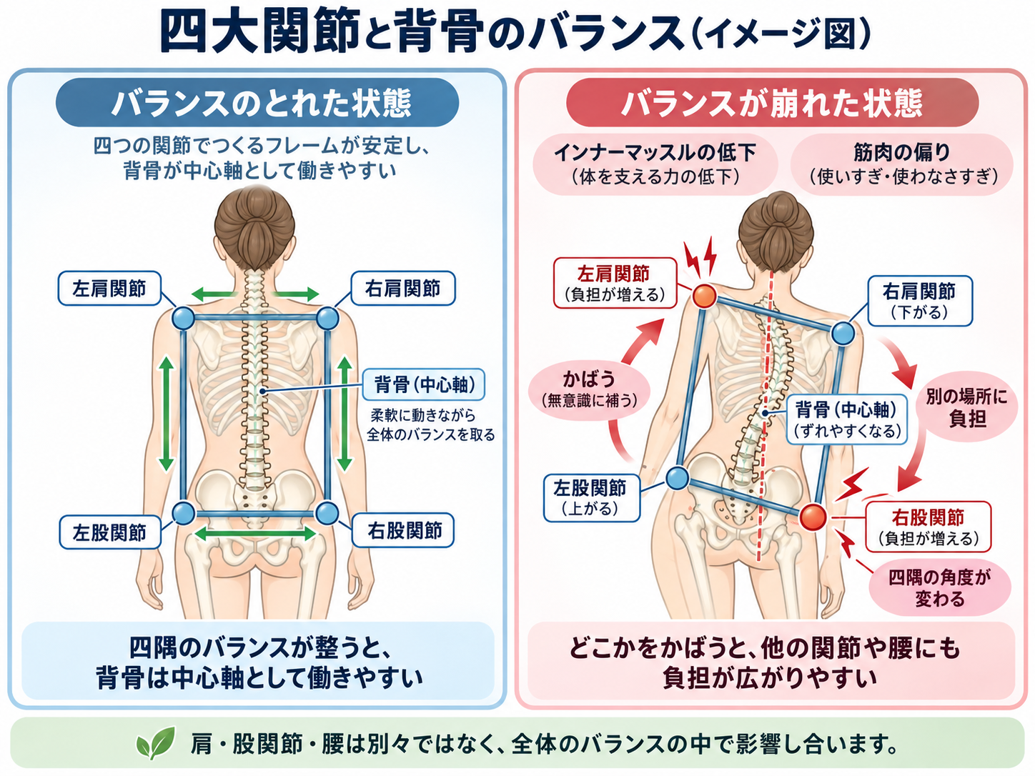 四大関節と背骨のバランスを示した図。肩関節・股関節の左右差と背骨への影響を比較