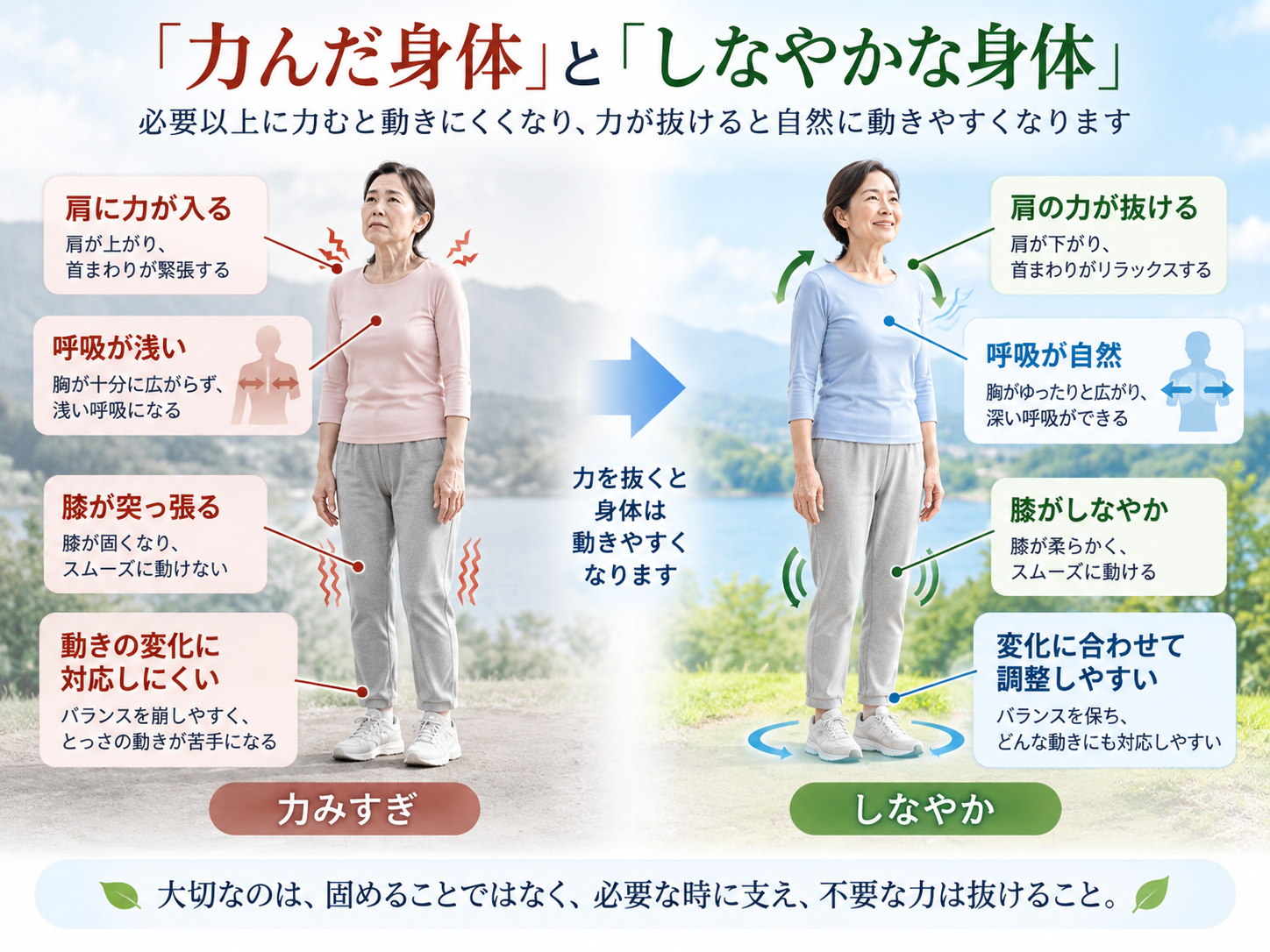 力んだ身体としなやかな身体を比較した図。肩の力、呼吸、膝、バランスの違いを説明