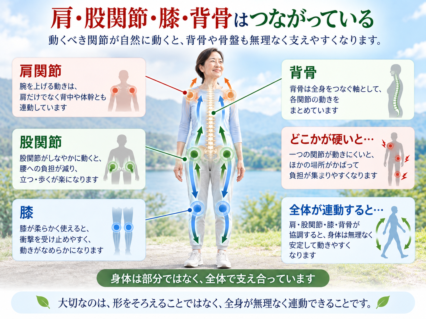 肩関節・股関節・膝・背骨が連動して身体を支える仕組みを示した図