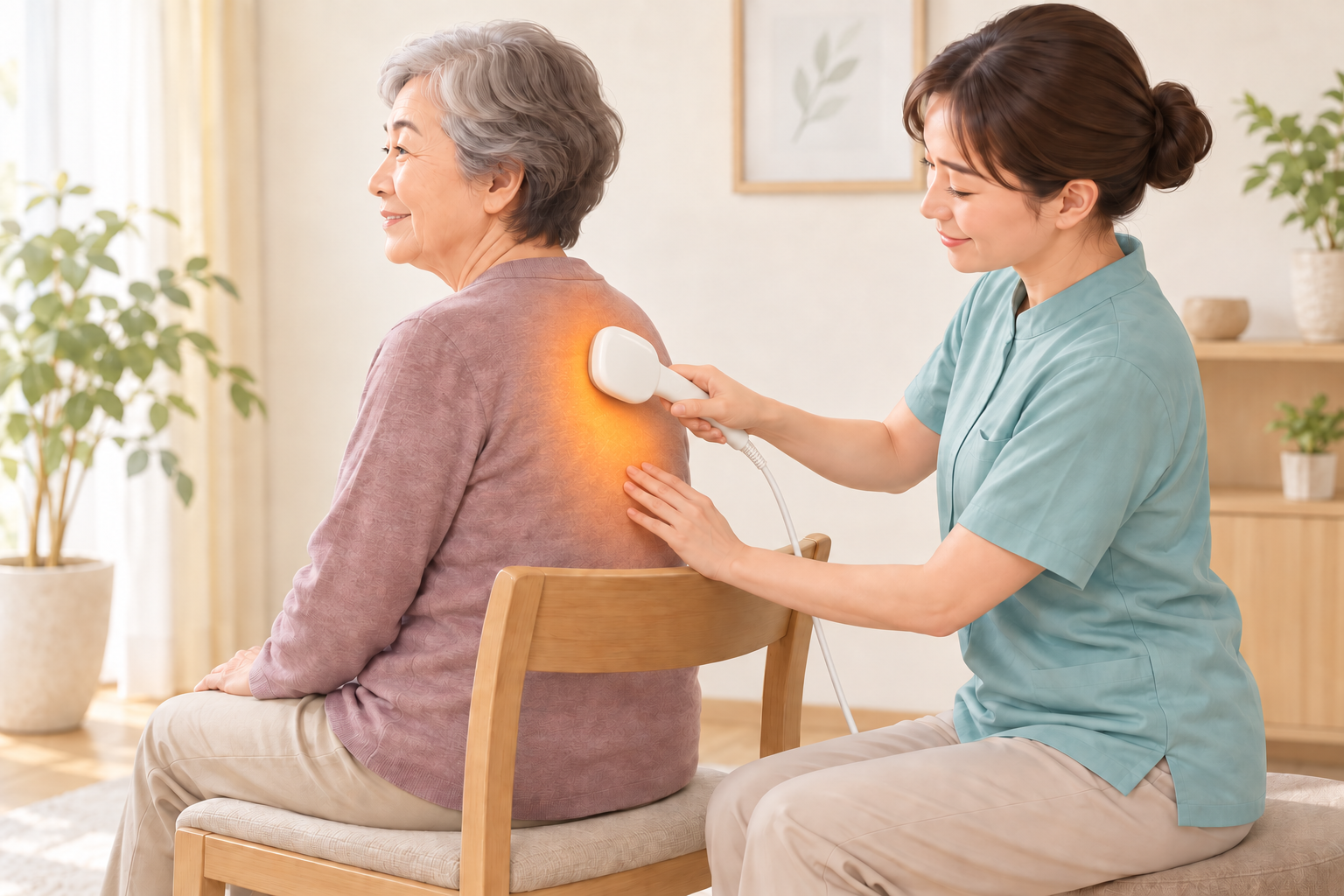三井式温熱治療器で背中を衣服の上から温めている様子