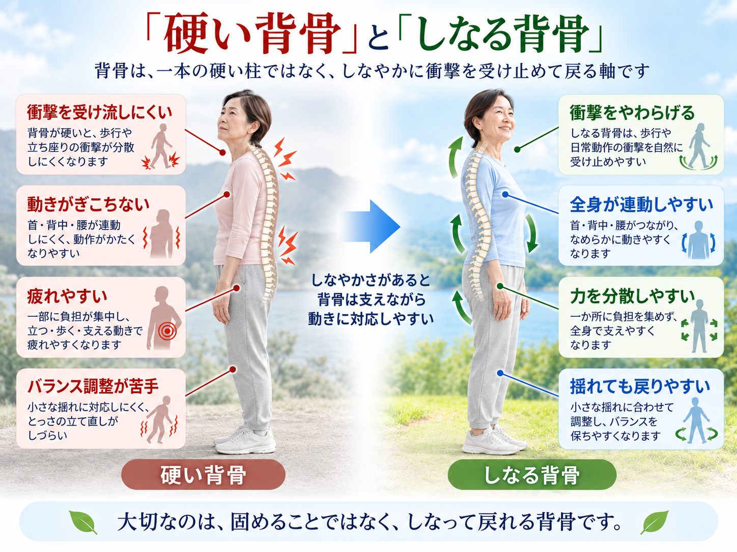 硬い背骨としなる背骨を比較した図。衝撃の受け止め方、全身の連動、力の分散、バランス調整の違いを説明