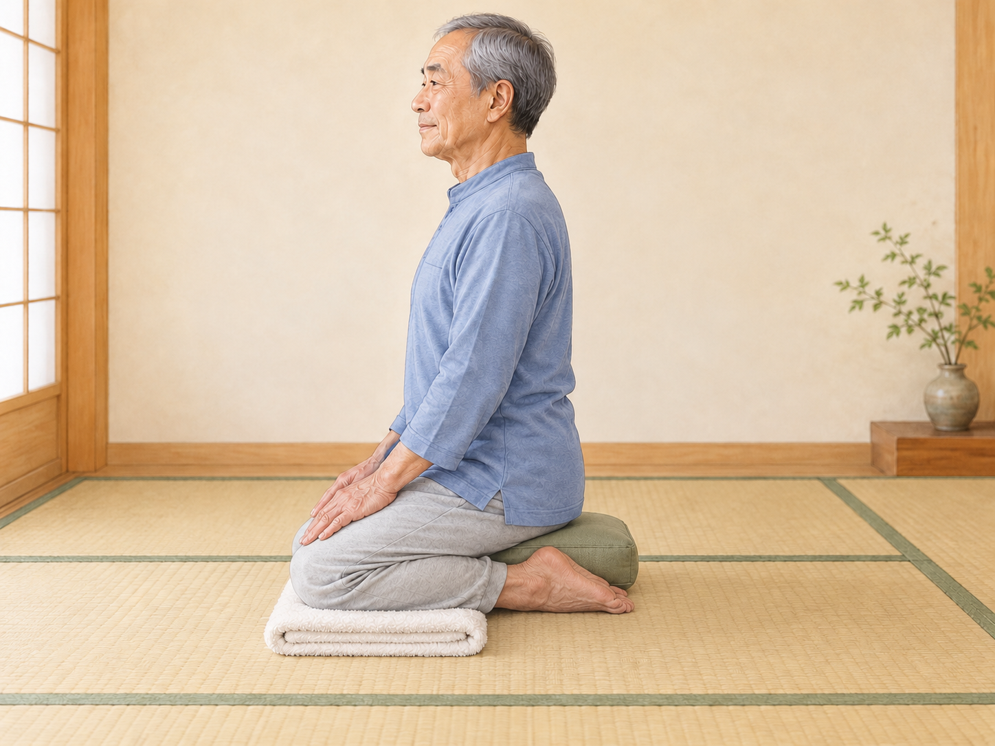 膝の下にタオル、お尻の下にクッションを置いて楽に座る男性