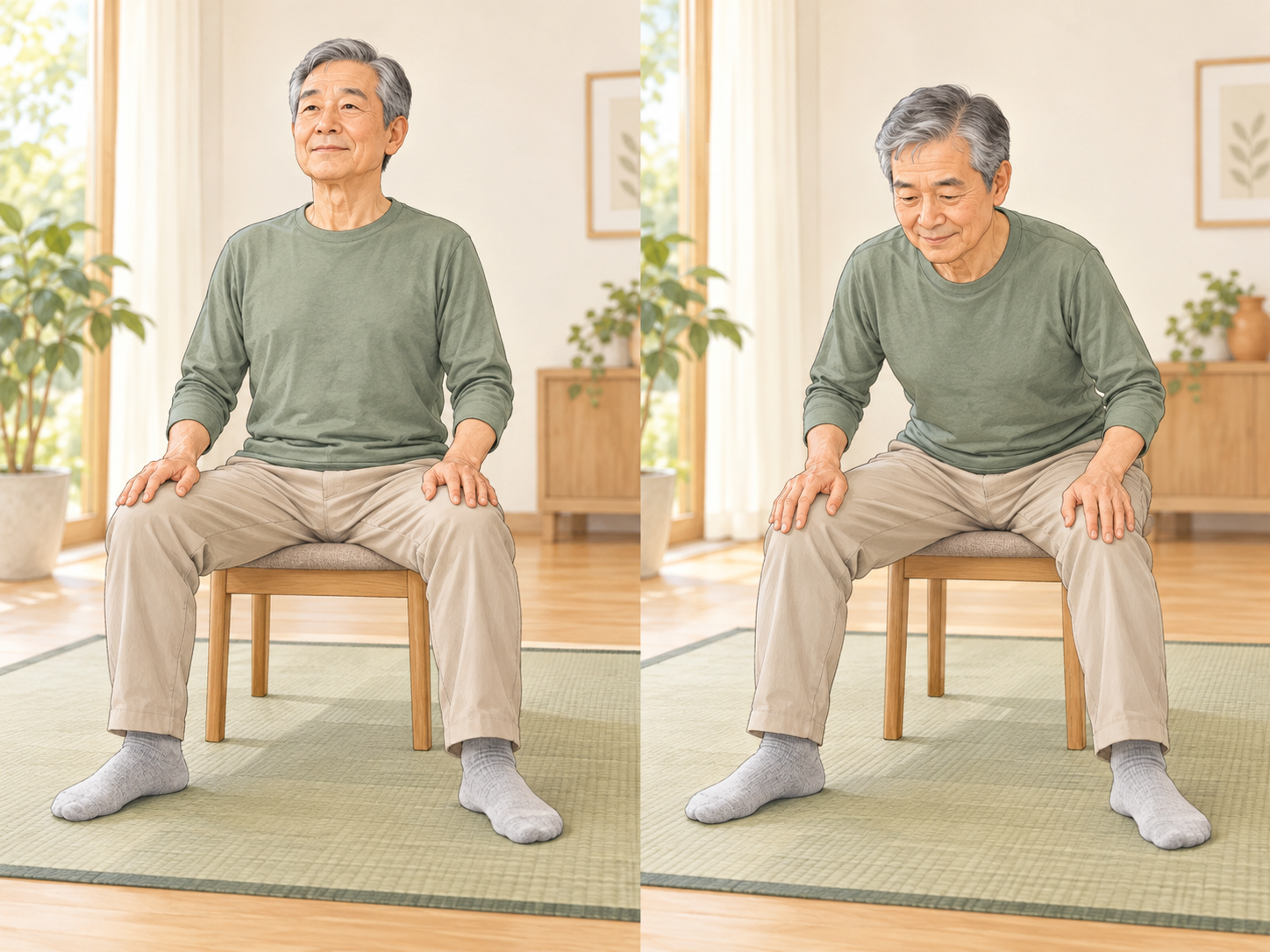 椅子に座った男性が、上体を起こした姿勢と、両手を太ももに添えて前に傾けた姿勢を左右に並べたイラスト。