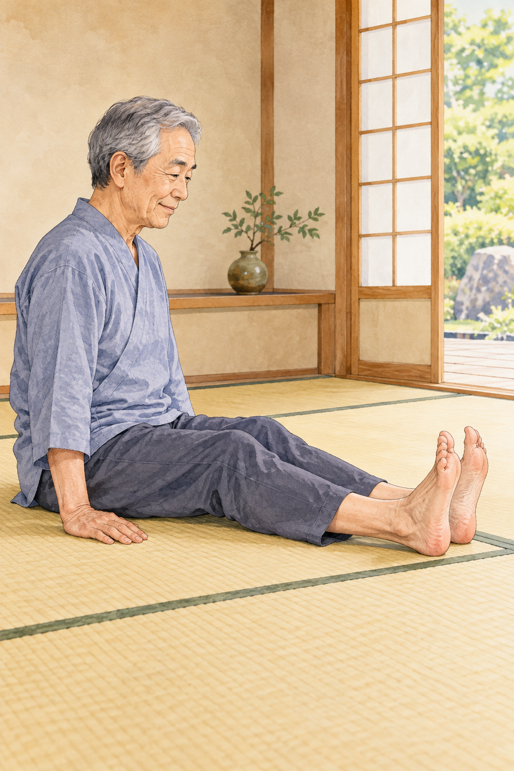 準備運動のあとに、無理のない範囲で長座前屈をもう一度確かめる様子