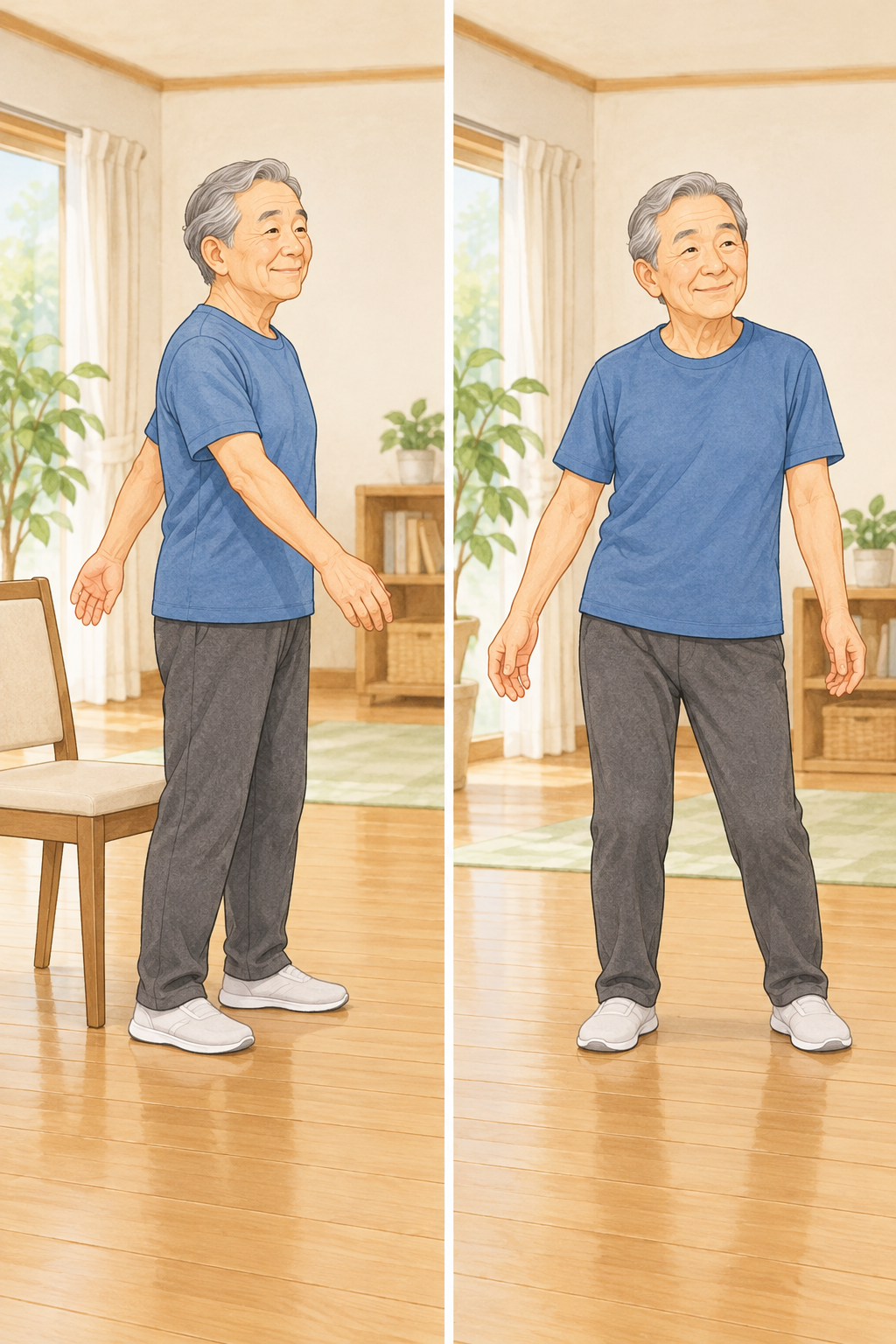 腕を前後に振り、身体をわかめのように小さくゆらす準備運動