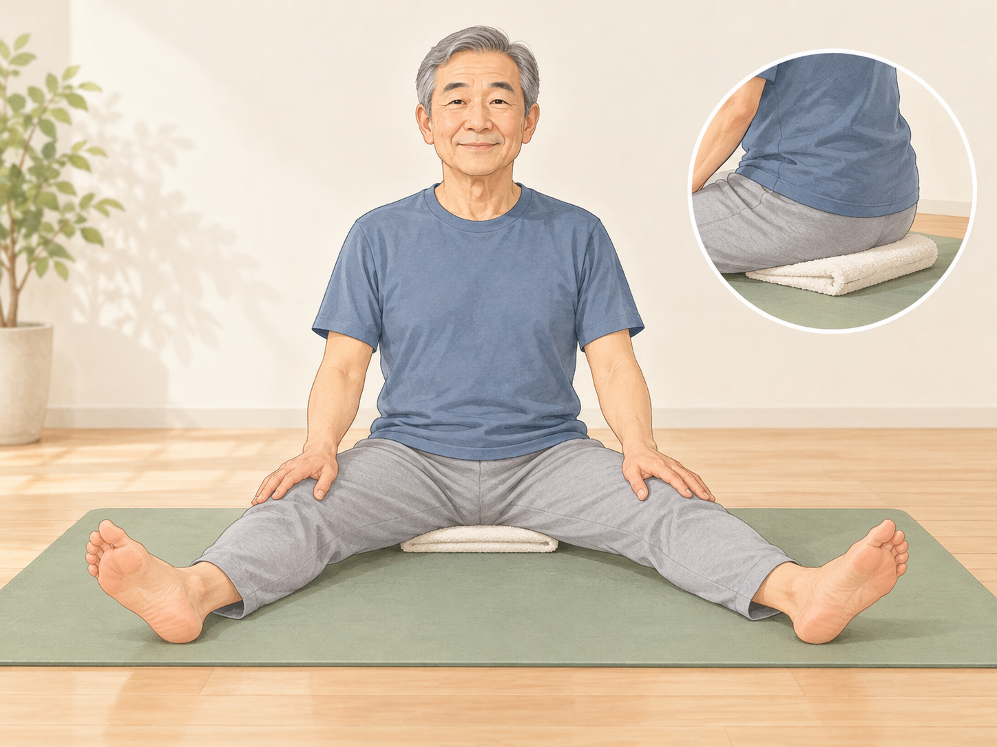 折りたたんだタオルをお尻の下に敷き、脚を左右に開いて座る男性。右上にタオルの位置を示す拡大図。