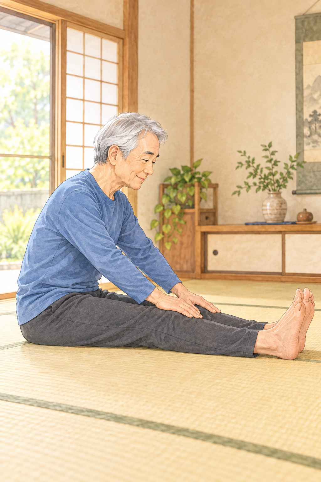 長座前屈を始める前に、座った姿勢や身体の状態を確認するイラスト