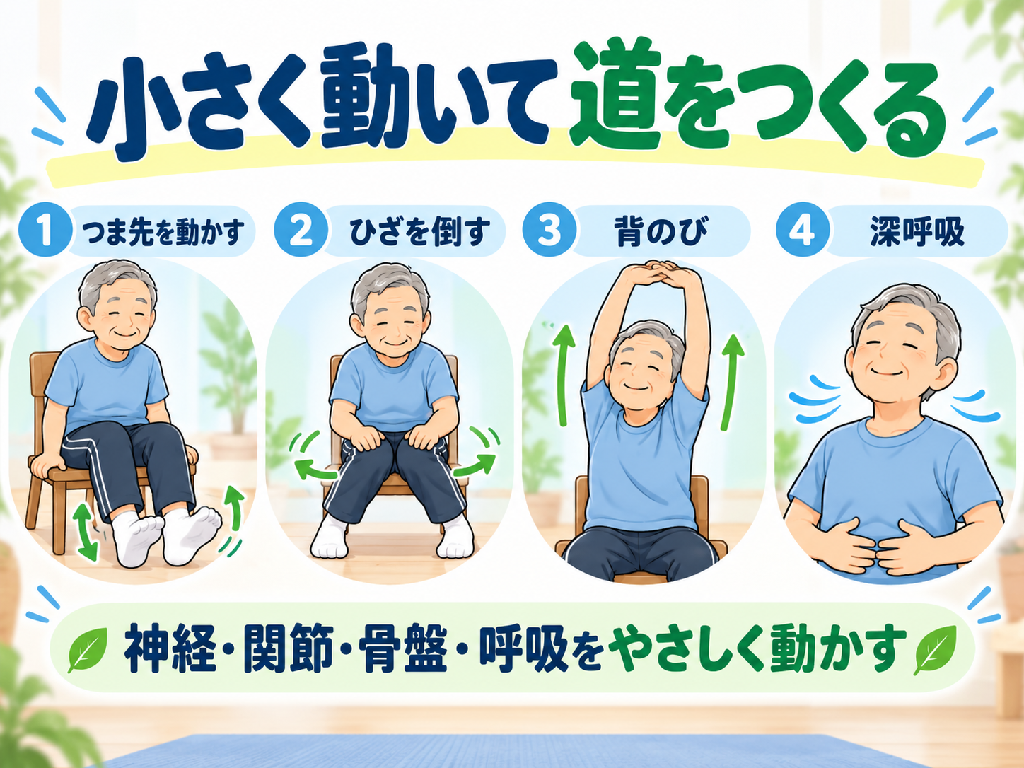 つま先を動かす、ひざを倒す、背伸び、深呼吸を行い、神経・関節・骨盤・呼吸をやさしく動かす方法