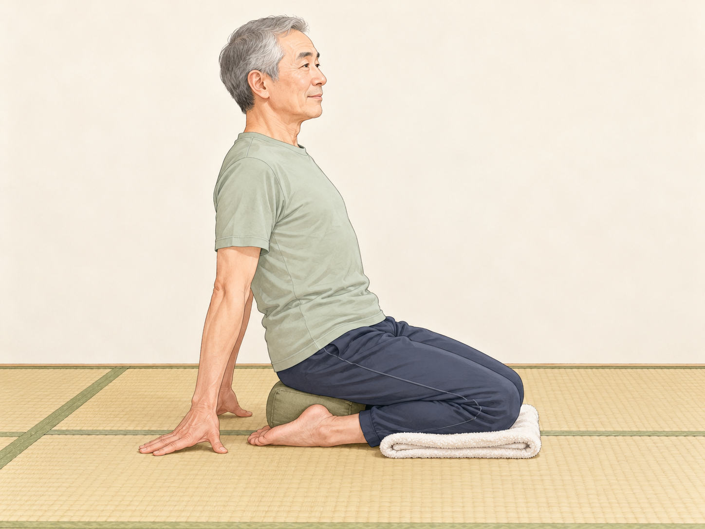 両手を後ろについて体を支え、膝を曲げて座った姿勢から上体を少し後ろへ傾ける男性