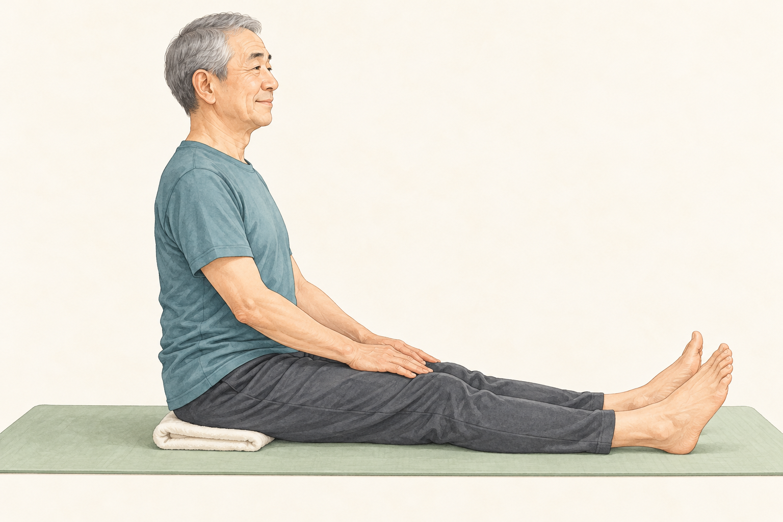 薄いタオルをお尻の下に敷いて長座する男性